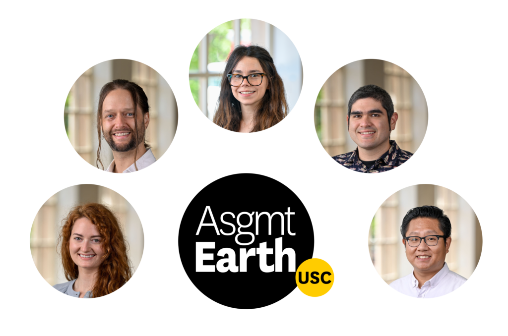Five circular headshots of Sustainability Solutions Fellows surrounding the Assignment: Earth logo
