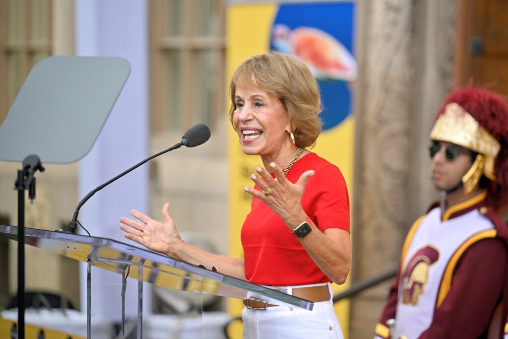 USC President Carol Folt addresses the audience during the USC Sustainability Hub Grand Opening.