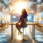 AI-generated image of a woman in a busy, brightly-lit office.