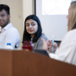 SHREYA AGRAWAL (CENTER) PARTICIPATING IN A PANEL DISCUSSION ON CLIMATE AND MENTAL HEALTH. (PHOTO BY NICK NEUMANN/USC WRIGLEY INSTITUTE FOR ENVIRONMENT AND SUSTAINABILITY)