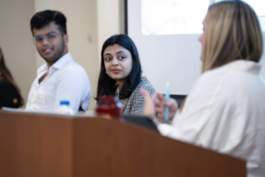 SHREYA AGRAWAL (CENTER) PARTICIPATING IN A PANEL DISCUSSION ON CLIMATE AND MENTAL HEALTH. (PHOTO BY NICK NEUMANN/USC WRIGLEY INSTITUTE FOR ENVIRONMENT AND SUSTAINABILITY)
