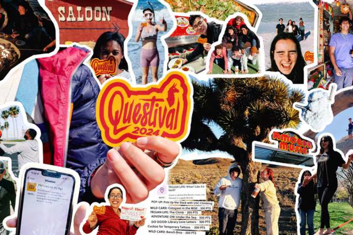 A collage of students holding Questival stickers.