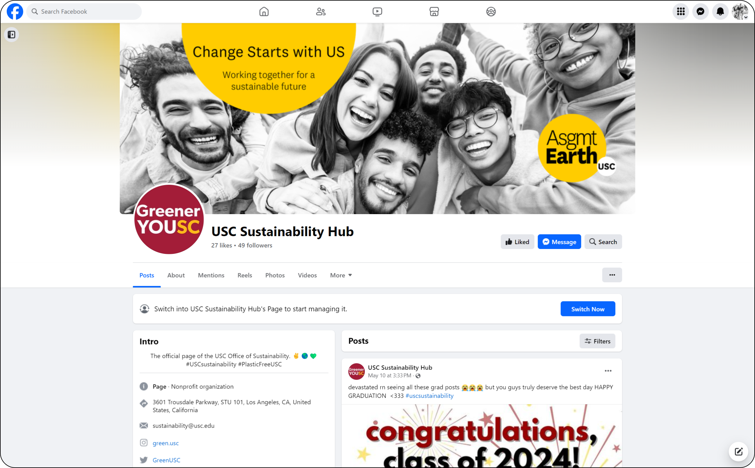 Screenshot of the Office of Sustainability Facebook page.