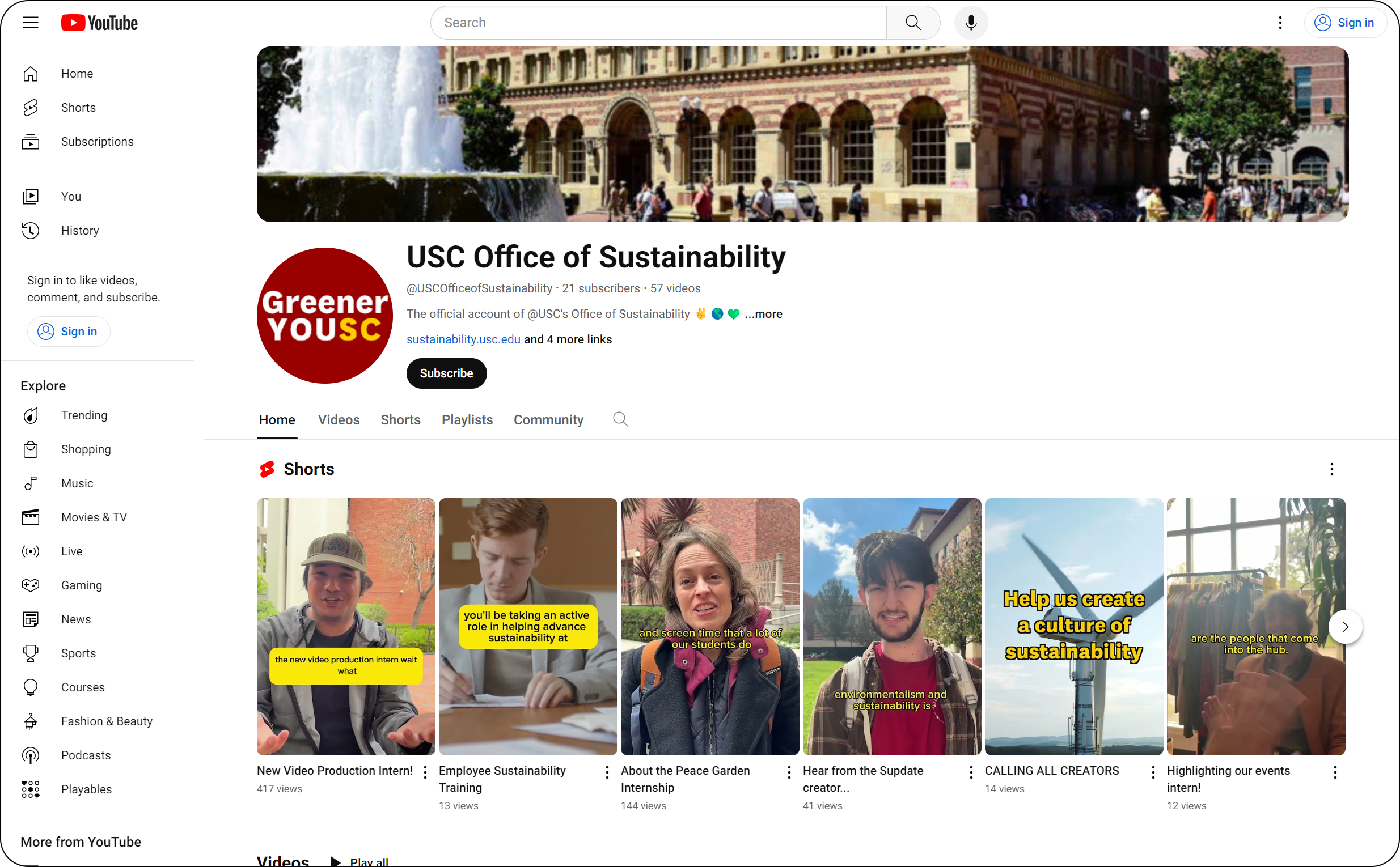 Screenshot of the Office of Sustainability YouTube channel.
