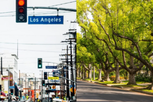 Side by side photos of a busy city street and a suburban street lined with trees.