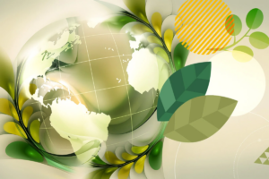 A stylized representation of the Earth with continents highlighted in shades of green and beige. Surrounding the globe are abstract leaves and organic shapes.