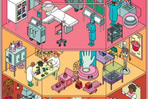 Green initiatives at USC illustrated as a tower with medical, research, office and cooking facilities. (USC Staff Illustration by Ana Cuna)