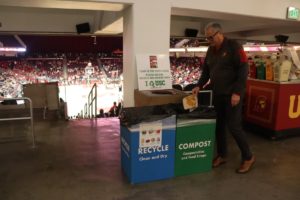 USC Chief Sustainability Officer Mick Dalrymple pitches in during Tuesday’s “green game.” (USC Photo/Evan Morris)