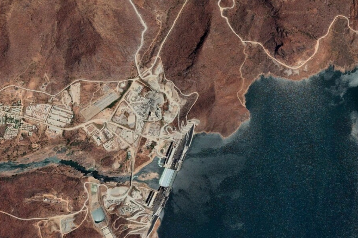 Aerial shot of the Grand Ethiopian Renaissance Dam, image credit Maxar Technologies