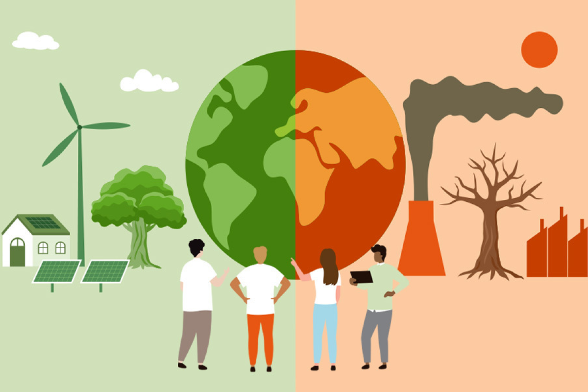 Illustration of people standing in front of a globe split into two sides, lush and barren. (Composite: Dennis Lan; Image source: iStock)