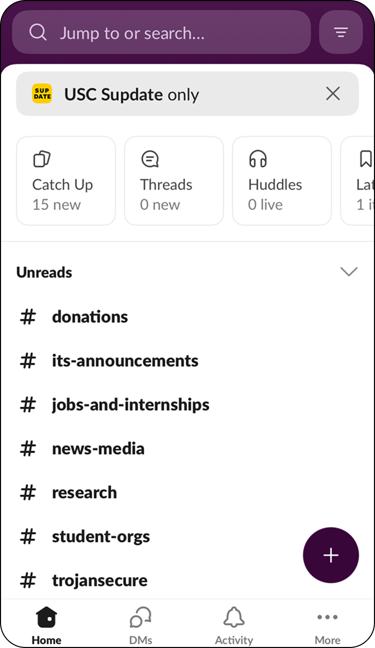 Screenshot of the USC Supdate Slack channel.