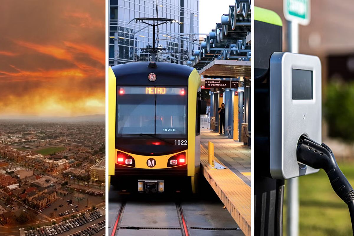 The latest LABarometer survey queried Angelenos’ thoughts on wildfire smoke, public transportation and electric vehicles. (Composite: Letty Avila. Image source: iStock.)