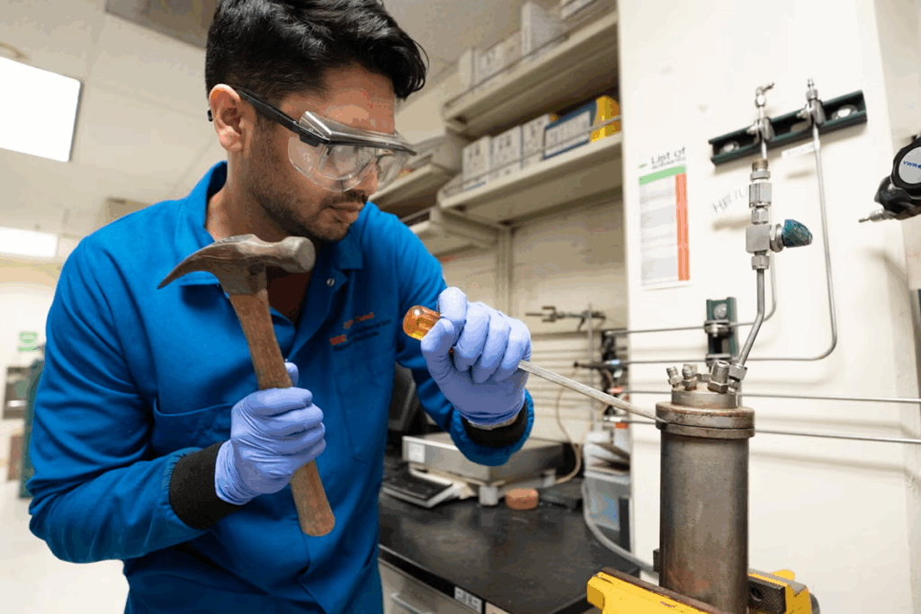 2025 Wrigley Institute Fellow Zohaib Suhail, who works with the Prakash Lab at USC’s Loker Hydrocarbon Research Institute, carefully pries open a reactor to analyze the results of a reaction. (Nick Neumann/USC Wrigley Institute).