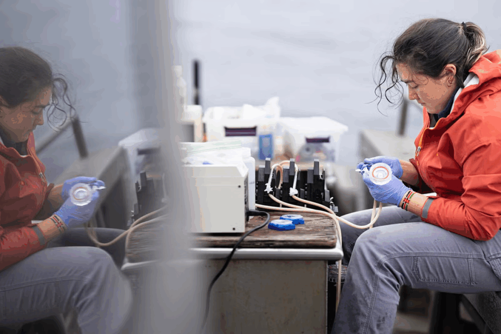 2025 Wrigley Institute Graduate Fellow Mia Franks changing a filter for water sampling on the San Pedro Ocean Times Series cruise in June (Nick Neumann/USC Wrigley Institute).