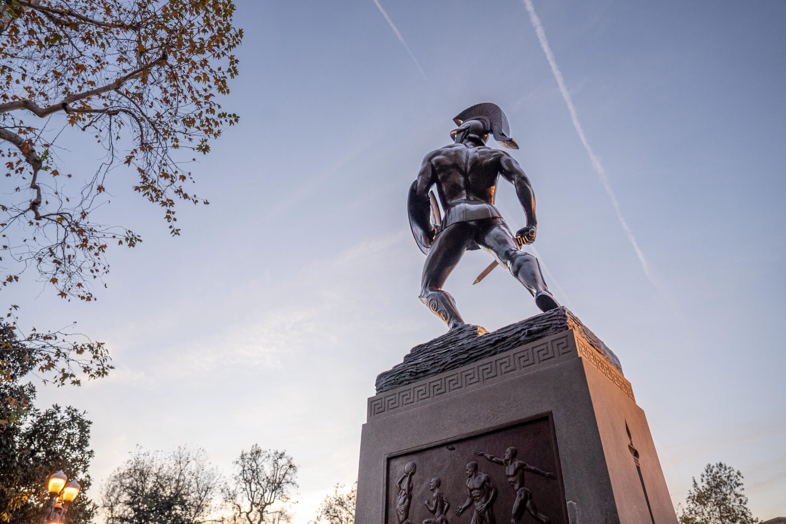 A low shot of Tommy Trojan angled upward toward the sky.
