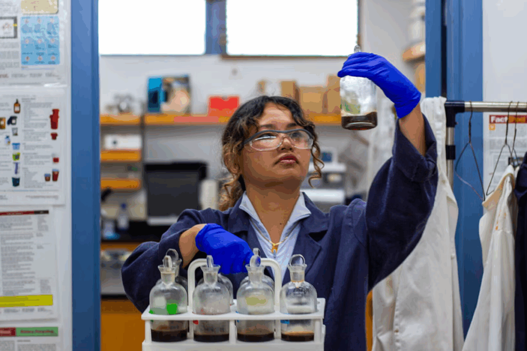 2025 Wrigley Institute Graduate Fellow Bernadeth Tolentino, a PhD student in the USC Dornsife Department of Biological Sciences, studies how well giant kelp can survive different temperatures when it’s introduced to certain helpful bacteria (Anya Jiménez/USC Wrigley Institute).