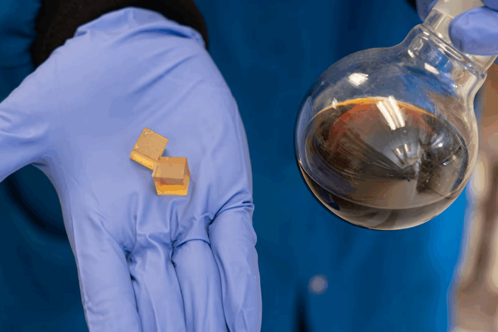 2025 Wrigley Institute Graduate Fellow Madison Fette conducts research on how we can recycle thermoset polymer resin, a strong material used in wind blades that is difficult to break down. She’s holding novel thermoset set resin before (in solid form) and after (in liquid form) degradation (Nick Neumann/USC Wrigley Institute).