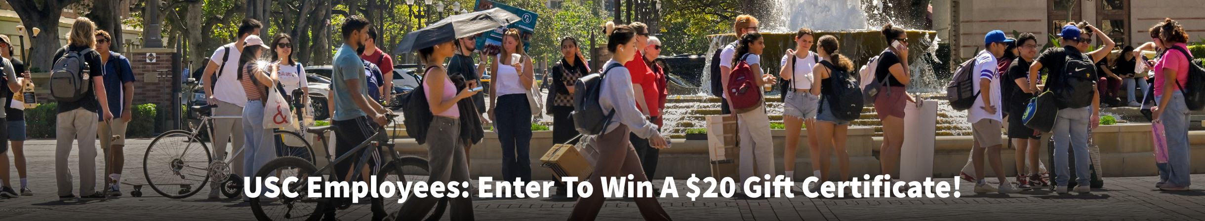 USC community members at a USC Involvement Fair on Trousdale, with the text "USC Employees: Enter To Win A $20 Gift Certificate!"