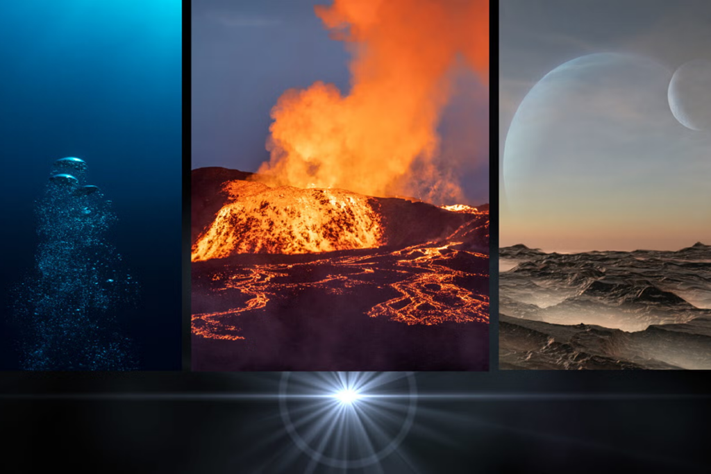 Photos of bubbling ocean water, an erupting volcano, and a planet’s surface.